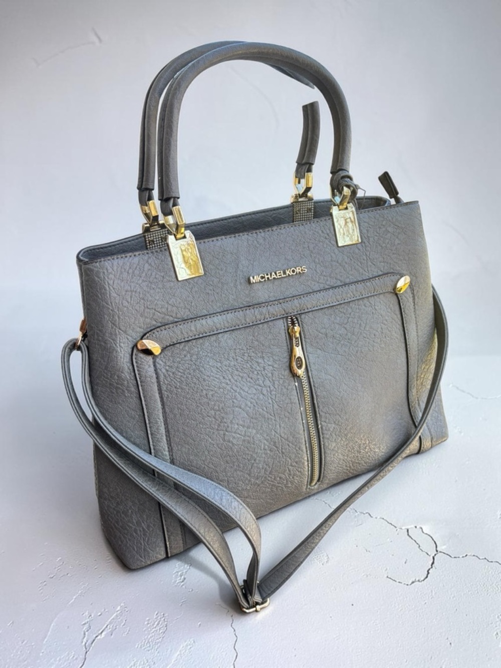 Michael Kors Light Gray Pebbled Leather Satchel with Gold Hardware - Picture 5 of 16